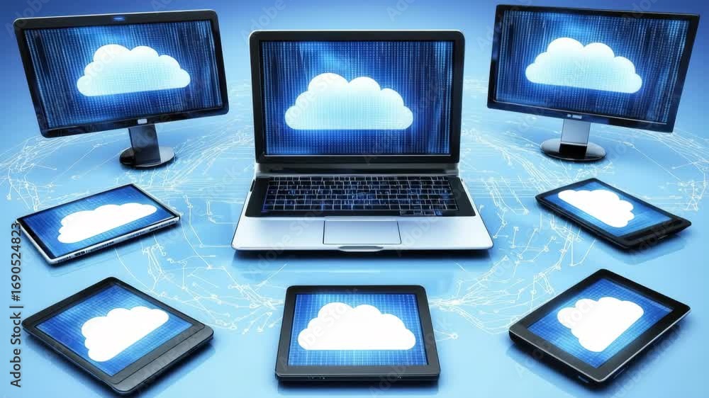 Poster cloud computing technology connecting laptop, tablet, and monitor screens with network icons symboli