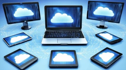 Cloud computing technology connecting laptop, tablet, and monitor screens with network icons symbolizing digital data - Powered by Adobe
