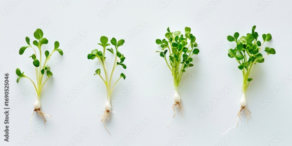 Poster four pea seedlings are arranged in a row on a white surface. each seedling shows a different stage o