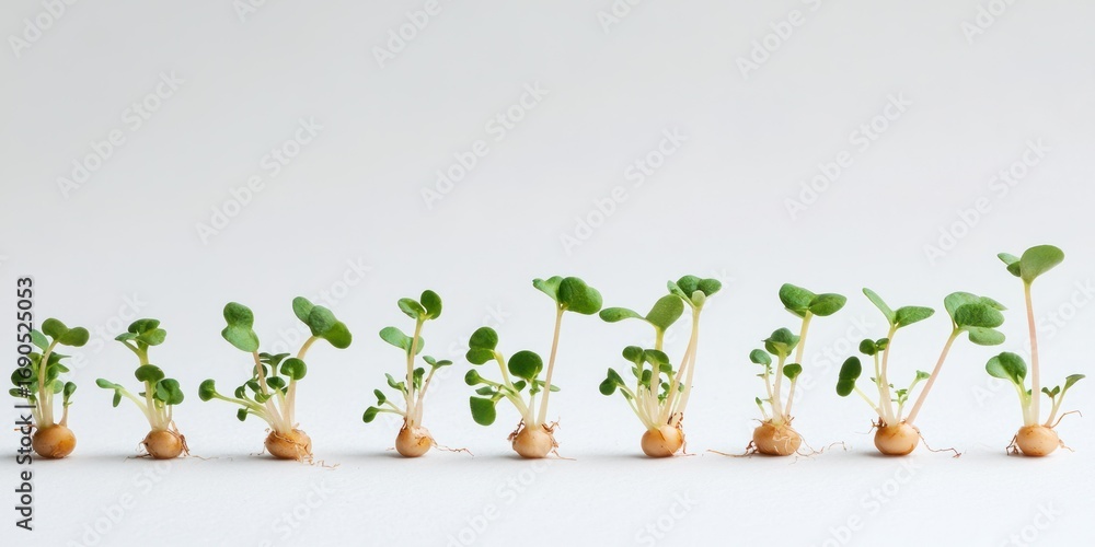 Poster a row of radish sprouts grows from small bulbs on a white surface. the sprouts vary in size and stag