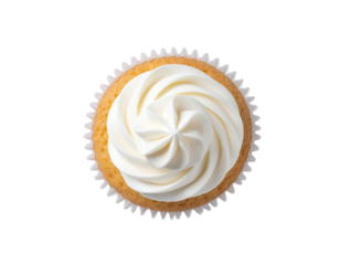 Top-down view of a vanilla cupcake with white frosting swirls