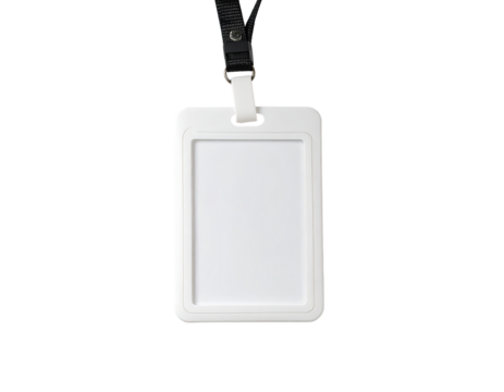 Blank white plastic ID badge on a black lanyard