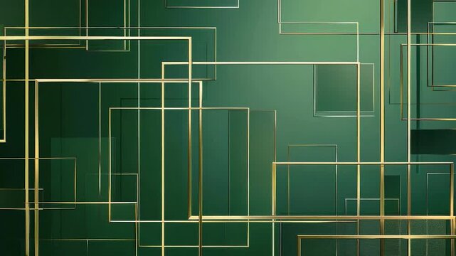 Geometric pattern of green and gold squares and rectangles on a wall