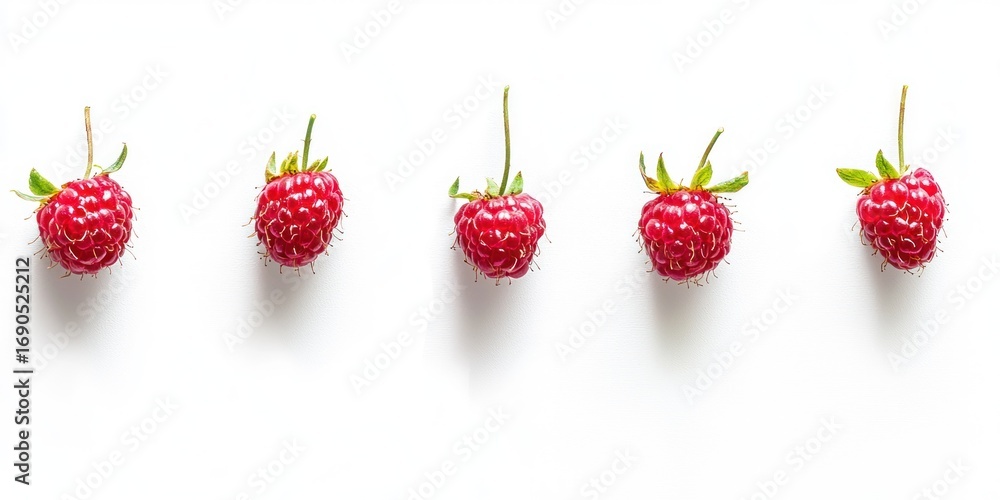 Poster five fresh raspberries are arranged in a row on a white surface. each raspberry has a green stem and