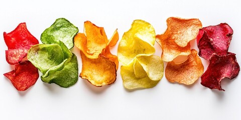 Naklejka premium A vibrant assortment of colorful potato chips is arranged in a horizontal line on a white surface. The chips display a range of hues, including red, green, yellow, orange, and brown. 