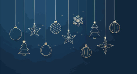Elegant gold Christmas ornaments hanging on dark blue background for festive holiday designs and seasonal celebrations