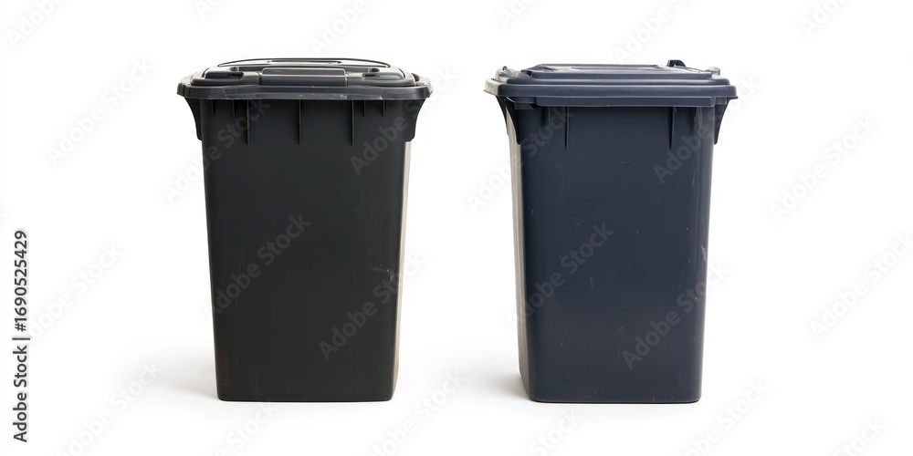 Poster two black plastic trash bins stand side-by-side on a white surface. each bin has a hinged lid and a 