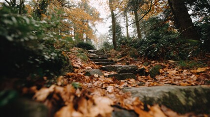 Cozy autumn forest staircase with fallen leaves winding through shaded trees and warm tones, inviting exploration and tranquility