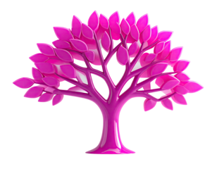 Magenta tree graphic, stylized leaves and trunk