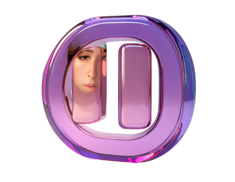 Circular, purple button, female face. Glossy, 3D effect. Large letter "O" in center