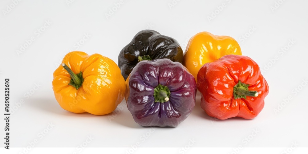 Poster a collection of colorful miniature peppers sits on a white surface. the peppers display a range of h