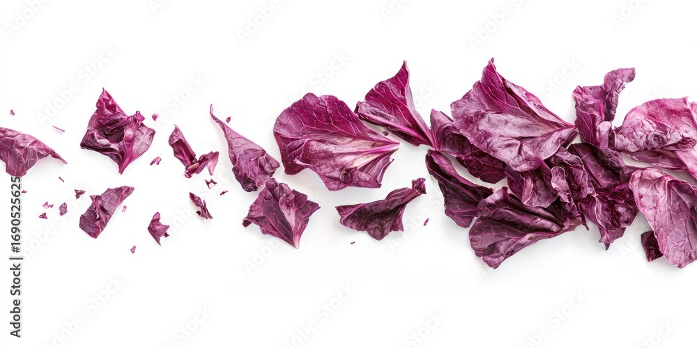 Poster a collection of dried red cabbage leaves is arranged horizontally across a white background. the lea