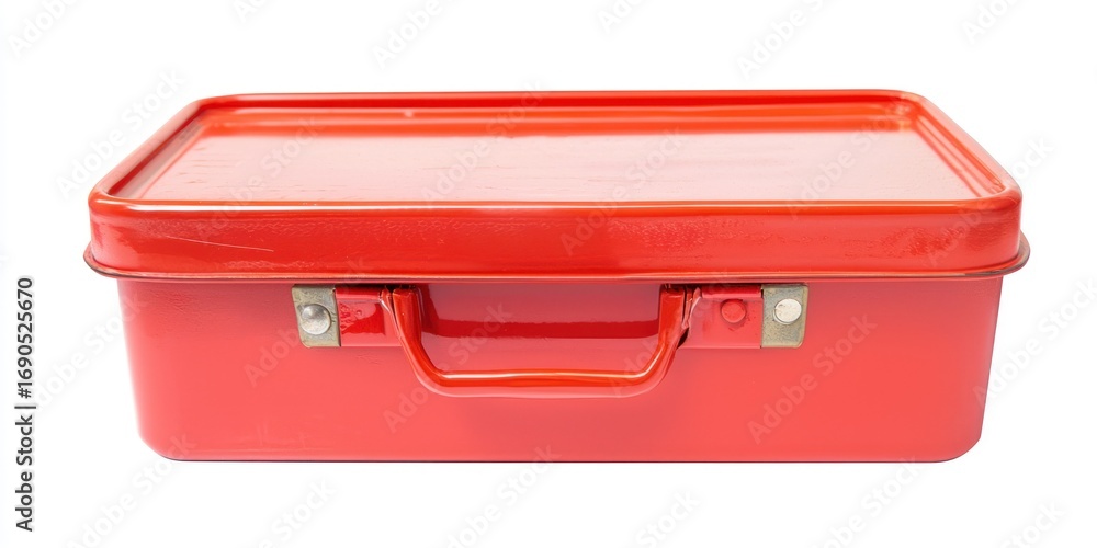 Aufkleber a bright red metal lunchbox sits on a white background. the box has a handle and a hinged lid. the l