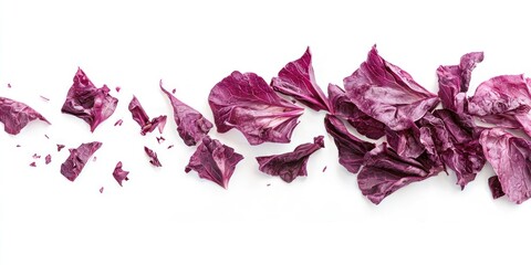 A collection of dried red cabbage leaves is arranged horizontally across a white background. The leaves are fragmented and scattered, creating a visually interesting composition. 