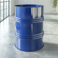 Blue metal barrel standing inside a room