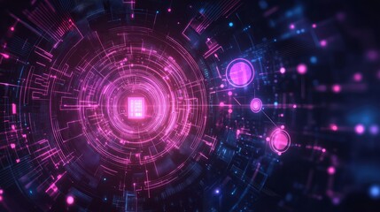 Purple neon light streaks radiating from the center on a dark background, evoking themes of technology, big data, and bots.