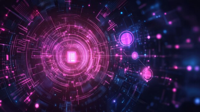 Purple neon light streaks radiating from the center on a dark background, evoking themes of technology, big data, and bots.