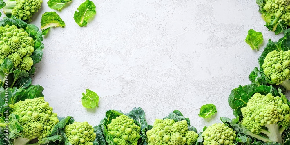Poster fresh broccoli and kale leaves are arranged in a circular frame on a white textured surface. the vib