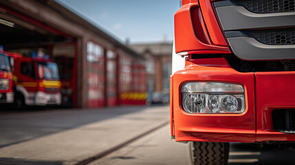 Feuerwehr-Löschfahrzeug mit Blaulicht vor der Feuerwache – Froschperspektive, urbanes Umfeld; einsatzbereit für Brandbekämpfung und Rettung (Notruf 112), Stadtansicht Feuerwehr, Feuerwehrauto, Feuer