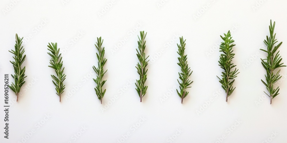 Poster a row of rosemary sprigs is arranged horizontally on a white surface. the sprigs vary slightly in le