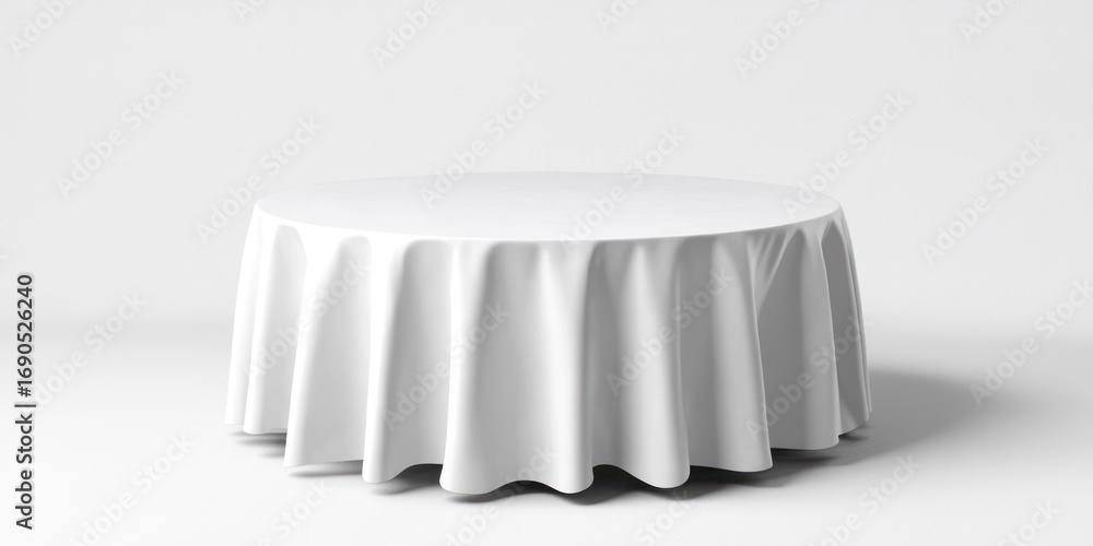 Poster a pristine white tablecloth is draped elegantly over a round pedestal table. the fabric is smooth an