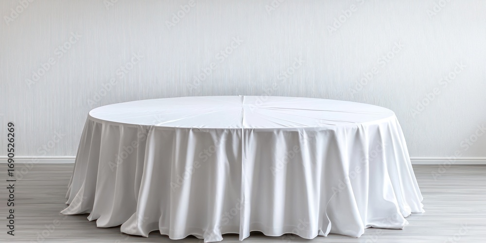 Poster a pristine white tablecloth is draped over a round table, creating a dramatic and minimalist scene. 