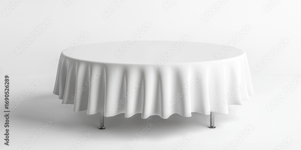 Poster a pristine white round table is draped with a flowing white tablecloth. the tablecloth is wrinkled a
