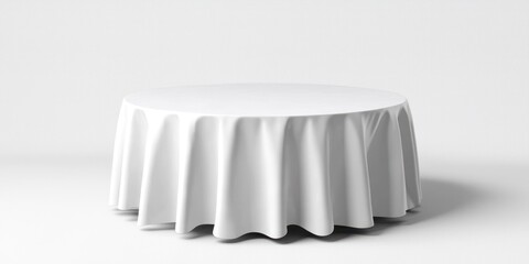 A pristine white tablecloth is draped elegantly over a round pedestal table. The fabric is smooth and slightly wrinkled, creating a soft, flowing effect. The tablecloth is illuminated by bright