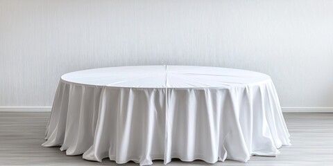 A pristine white tablecloth is draped over a round table, creating a dramatic and minimalist scene. The tablecloth is gathered and pleated, adding texture and visual interest