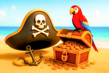 Vibrant pirate-themed image of a parrot, treasure chest filled with gold coins, and a skull-emblazoned hat, set against a picturesque beach background symbolizing adventure and sea tales.