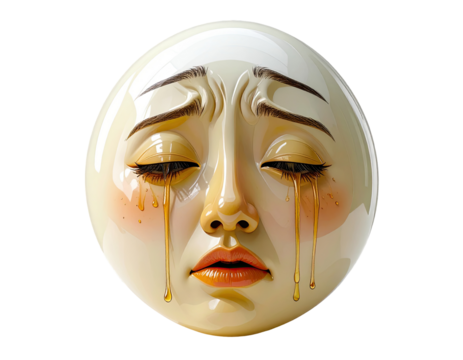 Round, pale face, sad expression, honey tears
