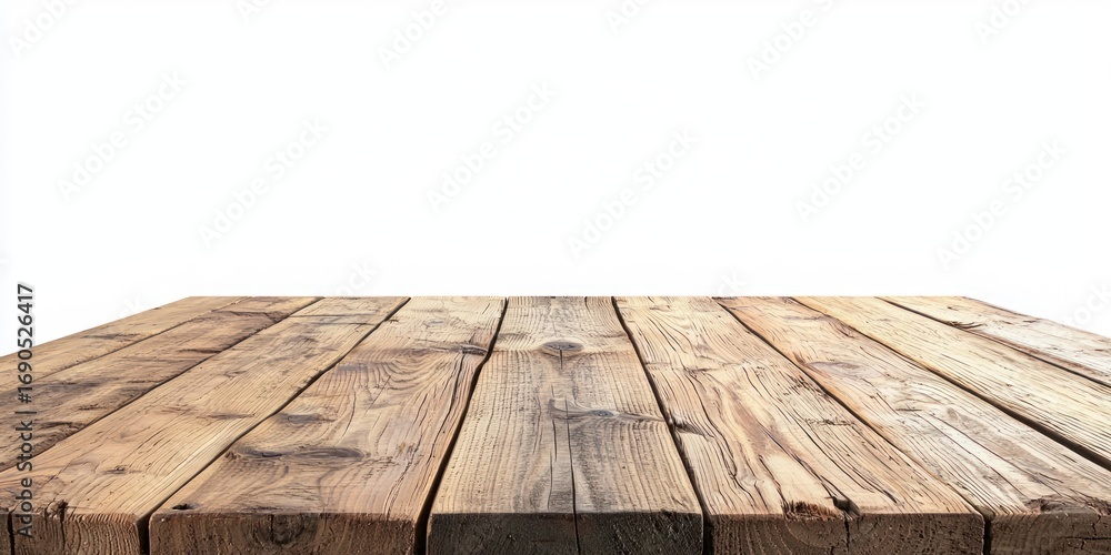 Poster a weathered wooden table sits on a white surface. the table has a dark brown color with visible wood