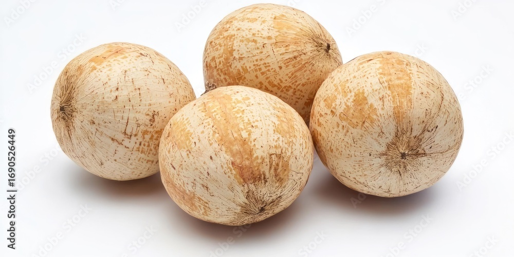 Poster four round, pale melons rest on a white surface. the melons have a rough, textured rind with a mottl