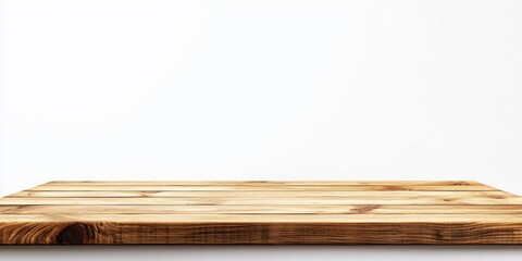 A wooden table top sits on a white wall. The table has a warm, natural wood grain and a slightly weathered appearance. The lighting is bright and even, highlighting the texture of the wood and creatin