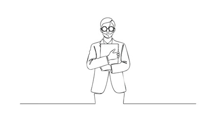 Minimalist line art of bespectacled professional holding documents for business presentation or corporate report