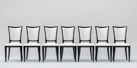 A row of seven elegant dining chairs are arranged in a line against a neutral gray background. Each chair features a dark wood frame and a plush white upholstered seat and back.