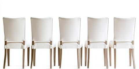 Five light-colored dining chairs are arranged in a row against a plain white background. Each chair has a wooden frame and a light beige upholstered seat and back.