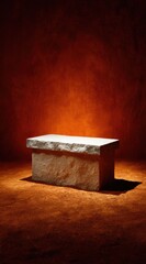 Stone platform illuminated against textured warm backdrop, creating dramatic light and shadow