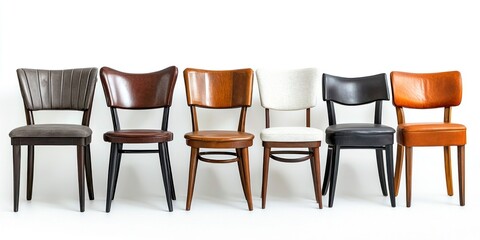 Five dining chairs are arranged in a row against a white wall. The chairs vary in color and material, including gray leather, brown wood, beige fabric, black leather, and reddish-brown wood. 