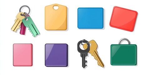 A collection of colorful keychains are arranged on a white background. The keychains are square and come in various colors including yellow, blue, red, pink, purple, green, and teal. 