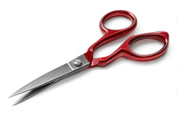 Fototapeta premium Open, red handled scissors with silver blades rest diagonally on white. Casting soft shadows, they display sharpness and utility for cutting