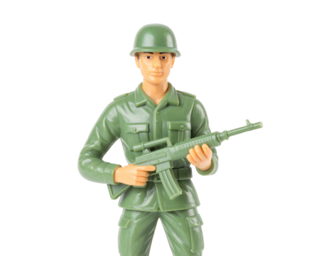 Green plastic soldier figure holds rifle