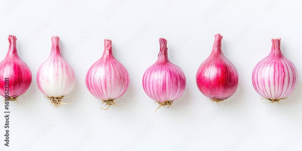 Poster seven pink shallots are arranged in a row on a white surface. the shallots display a gradient of col