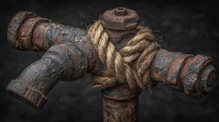 Rustic, corroded iron pipe fitting wrapped tightly with coarse rope, set against a dark, blurred background