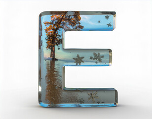 A 3D rendering of a transparent, glossy capital letter E, crafted from an ice or glass texture, resting on a white surface. The letter, like a frame or window, reflects a winter or autumn landscape: a
