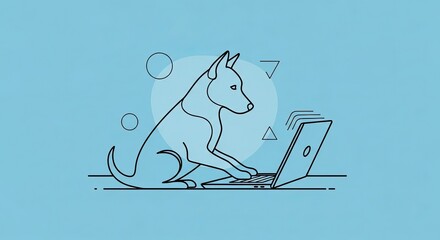 A minimalist line art illustration of a clever dog sitting and typing on a laptop computer against a blue background.