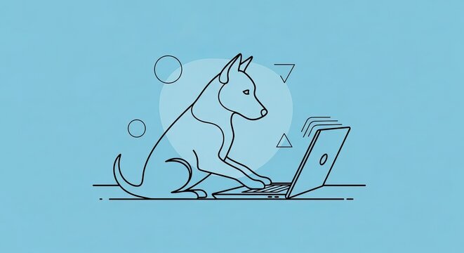 A minimalist line art illustration of a clever dog sitting and typing on a laptop computer against a blue background.