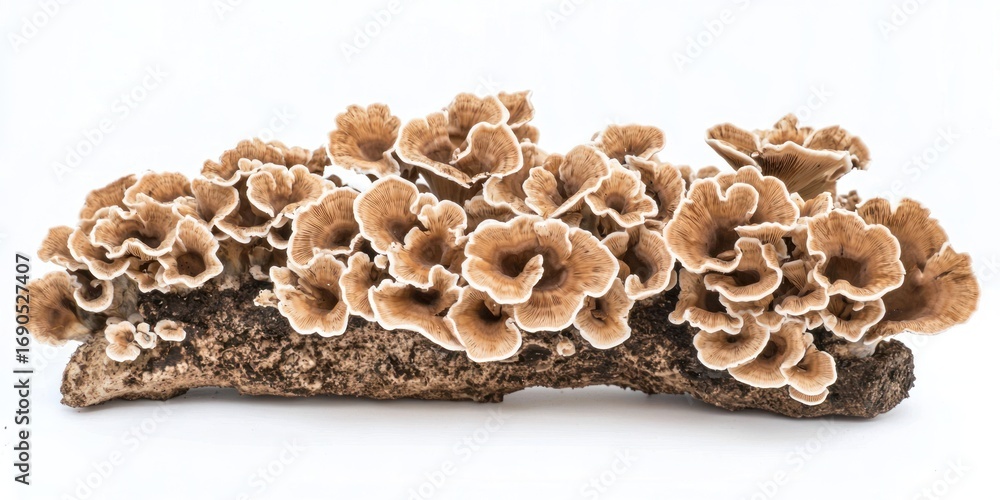 Poster a close-up shot of a dried, bracket fungus growing on a weathered piece of wood. the fungus displays