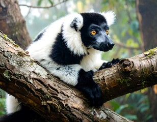 Obraz premium Black and white lemur resting on a tree branch