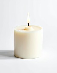 White Candle in Minimalist Studio Setting, Warm Glow, Tranquil Environment, Still Life Photography